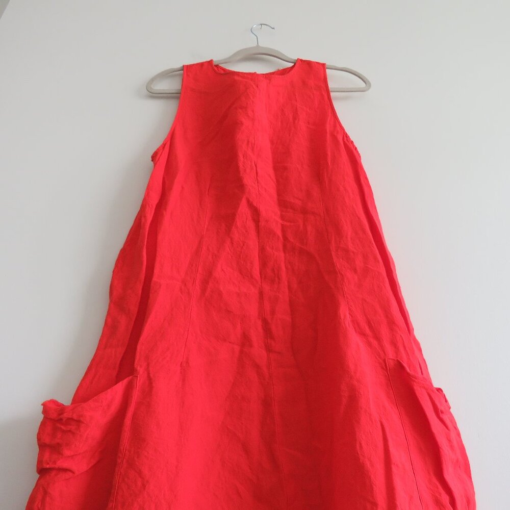 APUNTOB Red Oversized Gauzy Lagenlook Sleeveless Linen Blend Midi Pocket Dress - Picture 8 of 15